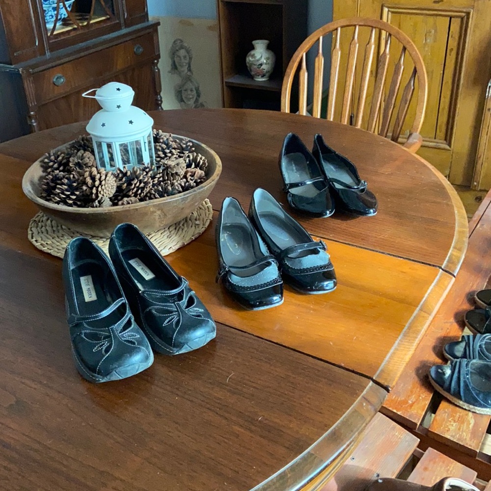 Three pair of gently worn size 9 shoes - all black. Some patent